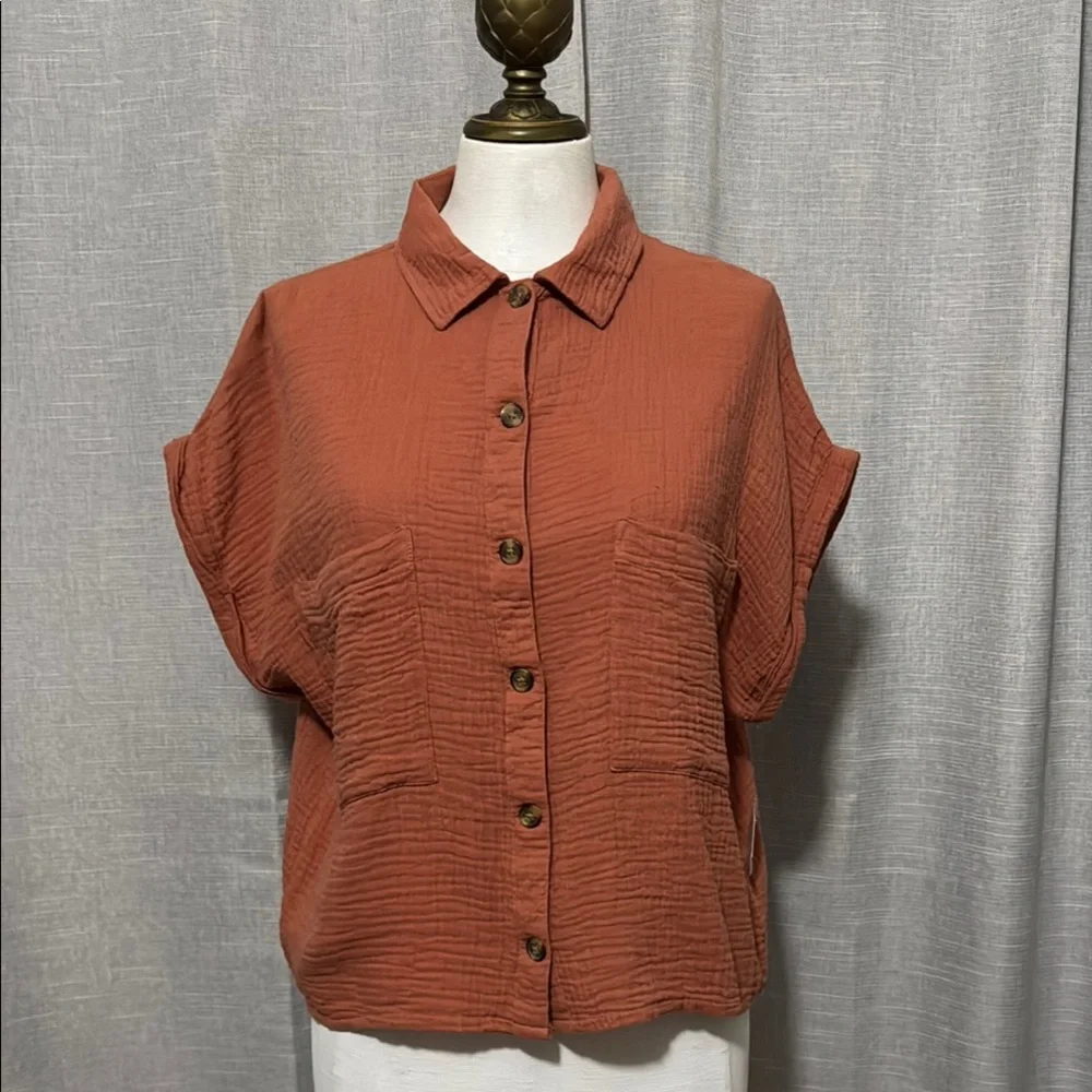 NWT SO brand Cotton Button Front Shirt-Sz M-Relaxed Boxy Fit-Rusty Orange Color - Picture 2 of 14